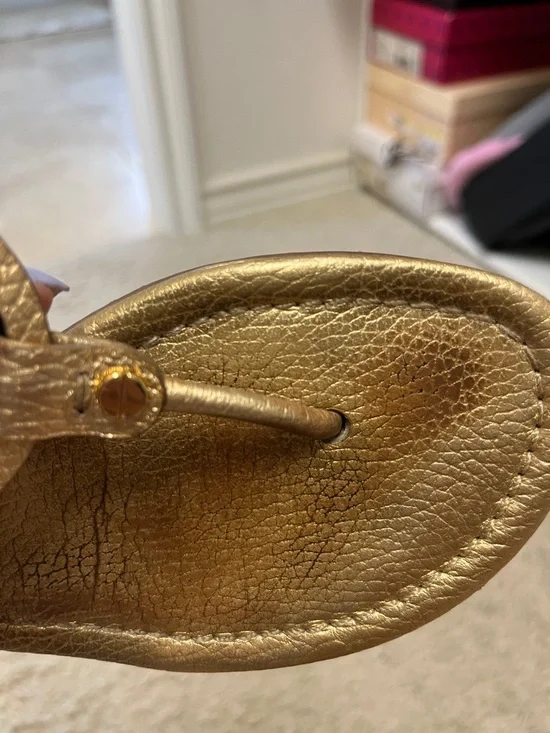 Tory Burch Metallic Gold Leather Logo Sandals - Picture 5 of 10